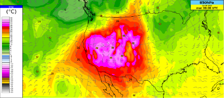 Fig. 1: analisi del modello IFS ad alta risoluzione che mostra la temperatura al livello barico di 850 hPa (1500 m circa). Fonte: ECMWF - MeteoSviz