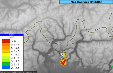 Fig. 5: stima del diametro massimo dei chicchi di grandine a partire dai dati radar attorno alla mezzanotte.