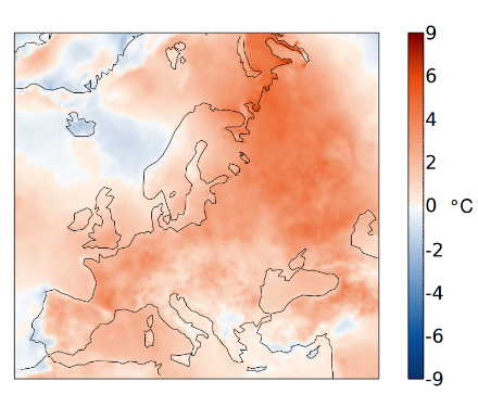 Fig. 3: Distribuzione spaziale della temperatura di agosto nel 2022 in Europa come deviazione dalla norma 1991-2020 in °C. Fonte: Copernicus.