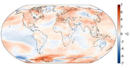 Fig. 4: Distribuzione spaziale della temperatura globale di giugno-agosto nel 2022 come deviazione dalla norma 1991-2020 in °C.  Fonte: Copernicus.