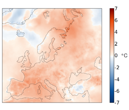 Fig. 5: Distribuzione spaziale della temperatura di giugno-agosto nel 2022 in Europa come deviazione dalla norma 1991-2020 in °C. Fonte: Copernicus.