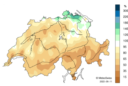 Figura 6: Distribuzione spaziale delle quantità di precipitazioni nell'agosto 2022, rappresentate in % della norma 1991-2020.