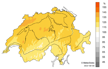 Figura 7: Distribuzione spaziale dell'insolazione durante l'estate del 2022, rappresentata in % della norma 1991-2020