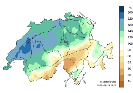 Fig. 4: Distribuzione spaziale della somma mensile di precipitazione di settembre 2022 (stato al 28.09), rappresentata come percentuale della norma 1991-2020.