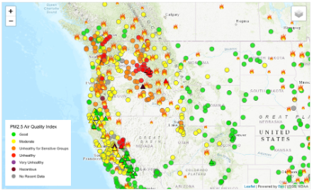 Fig. 4: Mappa degli incendi e dell'indice della qualità dell'aria basato sulle concentrazioni di polveri fini PM2.5 (diametro) in Oregon. Fonte: https://www.centraloregonfire.org/fire-and-air-quality-maps/
