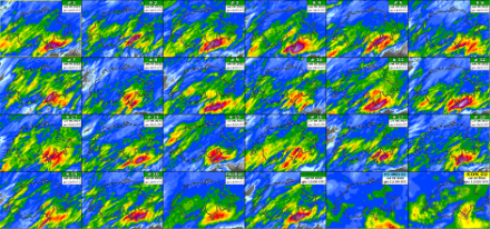 Fig. 2: Accumulo di precipitazione previsto dai diversi membri dell’Ensemble del modello COSMO-2E, tra mercoledì 7 settembre alle 12 e giovedì 8 settembre alle 12 UTC. È ben visibile l’incertezza nella distribuzione e negli accumuli di pioggia previsti.