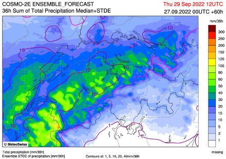 Fig. 5: Accumuli di pioggia (in mm) nell'arco di 36 ore (da mercoledì 28.09 ore 00 UTC a giovedì 29.09 ore 12 UTC) secondo la soluzione mediana del modello COSMO-2E.