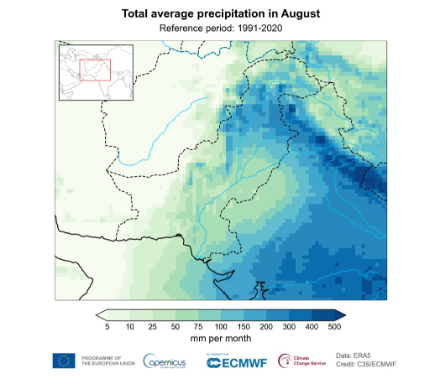 Precipitazioni totali medie in agosto per il periodo di riferimento 1991-2020