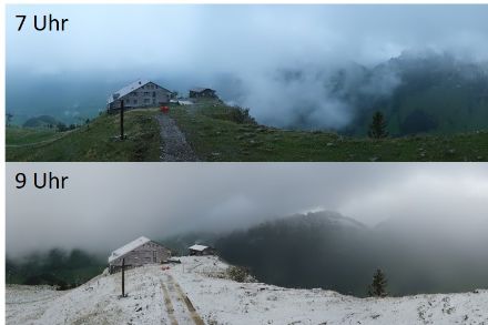 Questa mattina sull’Ebenalp era ancora verde, due ore dopo c'erano alcuni centimetri di neve. Fonte: ebenalp.roundshot.com