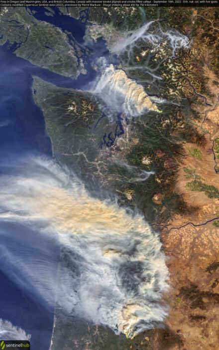 Fig. 3: Vista satellitare degli incendi in Oregon, Washington, fino alla Columbia Britannica, il 10 settembre 2022. L'area inquadrata nell'immagine è di 450 per 750 km. Foto: Sentinel
