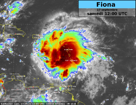 Fig. 1: Immagine satellitare a infrarossi di Fiona sopra la Guadalupa sabato 17 settembre alle 12 UTC. Fonte: GOESE