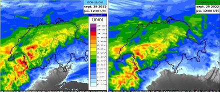 Fig. 4: Accumuli di pioggia (in mm) nell'arco di 36 ore (da mercoledì 28.09 alle ore 00.00 UTC a giovedì 29.09 alle ore 12.00 UTC) secondo i modelli controllo ICON-2E (a sinistra) e COSMO-2E (a destra).