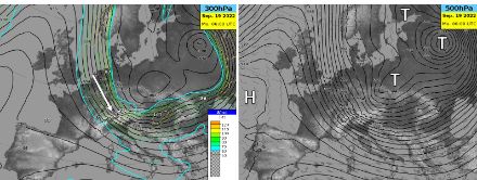 Situazione questa mattina alle 6 UTC (= 8 ora locale). A sinistra, a 300 hPa (circa 9300 m), l'altezza del livello di 300 hPa (linee nere) e la velocità del vento a partire da 60 kt (colori). A destra, l'altezza del livello di 500 hPa (linee nere).