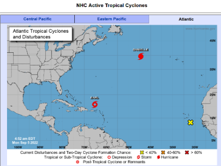 Mappa dei sistemi ciclonici attivi e delle perturbazioni che hanno una probabilità di svilupparsi in un ciclone tropicale o subtropicale. Aggiornato lunedì 5 settembre alle 10:52 ora locale in Svizzera.