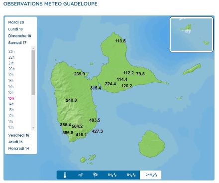 Fig. 2: Quantità di pioggia misurata in litri per metro quadrato su Guadalupa tra venerdì 16 settembre alle 15:00 e sabato 17 settembre alla stessa ora. Fonte: Météo France - www.meteofrance.gp