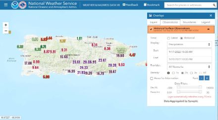 Fig. 3: Quantità di pioggia misurata in pollici (25,4 mm) su Porto Rico tra sabato 17 settembre alle 10:00 e martedì 20 settembre alla stessa ora. Fonte: NWS - NOAA - https://www.wrh.noaa.gov/map/