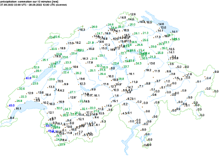 Accumulo di pioggia in millimetri fra mezzanotte e le 14 di mercoledì 28 settembre. Fonte: MeteoSvizzera.