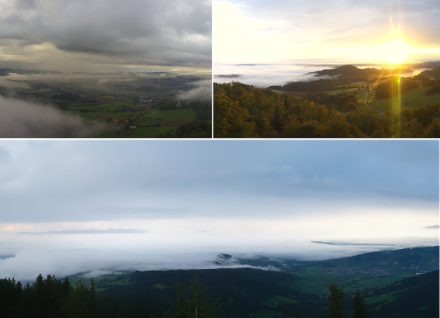 Collage di immagini (fonte: roundshot.com). In alto a sinistra: vista dal Bantiger verso la città di Berna con diversi strati di nuvole. In alto a destra: alba sullo Schauenberg vicino a Elgg tra la nebbia e le nuvole medio-alte. Sotto: vista dal Wildspitz allo Zugerberg.