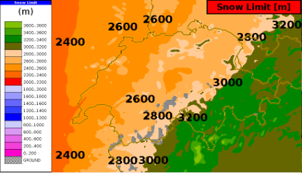 Fig 3.: Limite delle nevicate previsto dal modello COSMO alle 6 UTC di giovedì 8 settembre 2022.