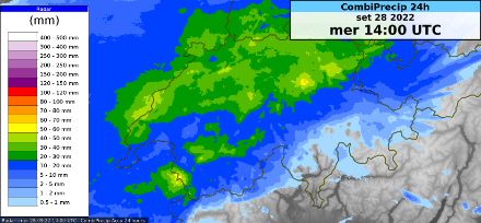 Accumulo di precipitazione stimato da radar e integrato con le misure pluviometriche al suolo fra martedì ore 16 e mercoledì ore 16. Fonte: MeteoSvizzera.