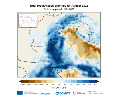 Anomalia delle precipitazioni totali nell'agosto 2022 rispetto alle medie di agosto per il periodo 1991-2020.