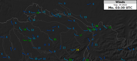 Barbule del vento e raffiche di vento in nodi alle 03:30 UTC (=5.30 ora locale) nella Svizzera nord-orientale.