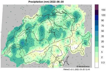 Fig. 2: Totali di precipitazioni nell'arco delle 24 ore registrati dalle nostre stazioni di misura nella giornata di martedì 30 agosto 2022.
Fonte: MeteoSvizzera

