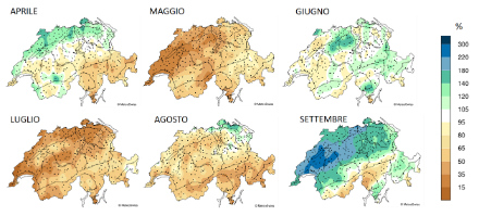 Fig. 3: Anomalia delle precipitazioni mensili in Svizzera rispetto alla norma 1991-2020 per i mesi da aprile a settembre 2022. Fonte: MeteoSvizzera