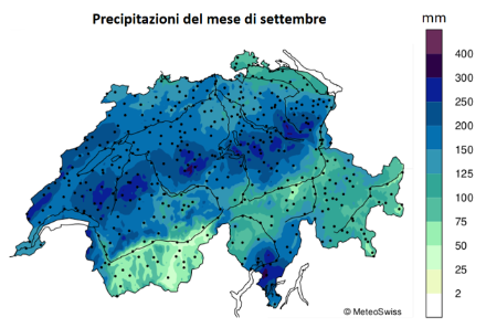 Fig. 3: Totale di precipitazione del mese di settembre in Svizzera. Fonte: MeteoSvizzera.
