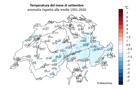 Figura 1: Mappa dell’anomalia della temperatura media del versante sudalpino del mese di settembre. Fonte: MeteoSvizzera.