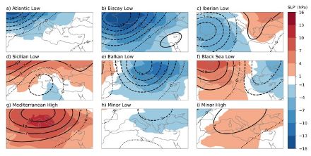 Fig. 3: i nove schemi di circolazione mediterranei associati alle precipitazioni estreme, basati sulla variabilità atmosferica nella bassa e media troposfera (anomalia della pressione al livello del mare (ombreggiatura colorata) e anomalia del geopotenziale a 500 hPa (contorni)).