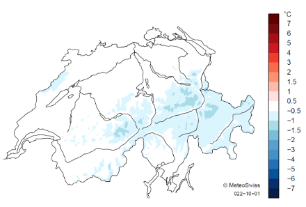 Figura 5. Distribuzione spaziale della temperatura media in settembre 2022 in Svizzera (in °C), rappresentata come anomalia rispetto alla norma 1991-2020. Fonte: MeteoSvizzera.