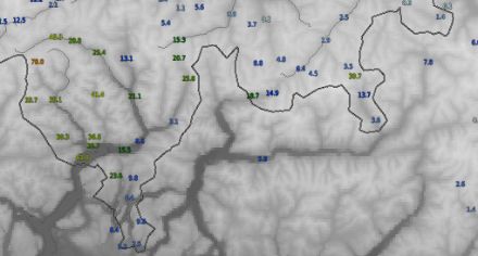 Fig. 1: Accumuli di precipitazione registrati in 24 ore, tra le 17 di giovedì 20 ottobre e le 17 di venerdì 21 ottobre 2022. Nell’Alta Vallemaggia sono caduti oltre 75 mm, nel Mendrisiotto solo pochi mm.