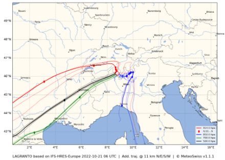 Fig 2: Traiettoria di provenienza della massa d’aria che ha raggiunto questa mattina Locarno. La linea blu indica la traiettoria dell’aria nei bassi strati: essa mostra come l’aria che ha raggiunto oggi il Ticino è risalita direttamente dal Mar Tirreno e dal Golfo di Genova.
