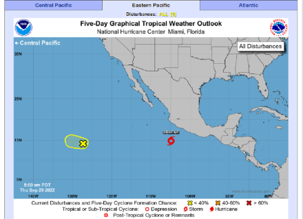 Fig. 1-2: depressioni, tempeste e cicloni tropicali attive e previste nell'Atlantico e nel Pacifico orientale il 29.9.2022. Fonte: NOAA.