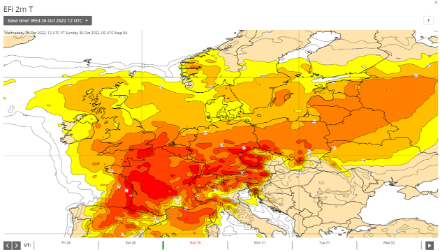 Fig 4: Il prodotto "Extreme Forecast Index" mostra chiaramente che anche per i prossimi giorni le temperature saranno decisamente fuori norma su buona parte dell'Europa. Fonte: ECMWF.