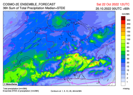 Fig. 3: precipitazioni cumulate tra le ore 2 di giovedì e le ore 14 di sabato, secondo il modello COSMO-2E. I colori rappresentano la mediana (50% di probabilità di raggiungere questi valori) e le linee rosa la deviazione standard (quindi l'incertezza).
