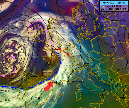 Fig. 2: Immagine satellitare di giovedì 20 ottobre alle 08:00 ora locale (06 UTC). I contorni neri rappresentano la pressione ridotta al livello del mare in ettopascal. Le "L" rappresentano il centro delle minime e le "H" rappresentano l'alta pressione. La linea triangolata blu rappresenta il fronte freddo, quella rossa il fronte caldo e quella rosa il fronte occluso. Fonte: Eumetsat e ECMWF.