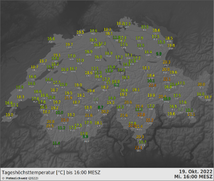 Temperature massime del 19.10.2022 in Svizzera.