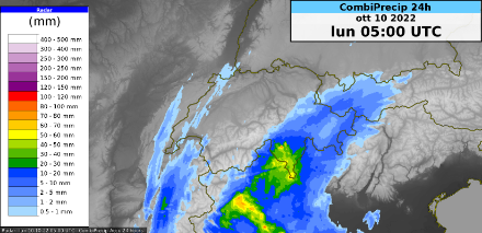 Fig. 1: accumuli di precipitazioni su 24 entro lunedì mattina, 07:00 ora locale.