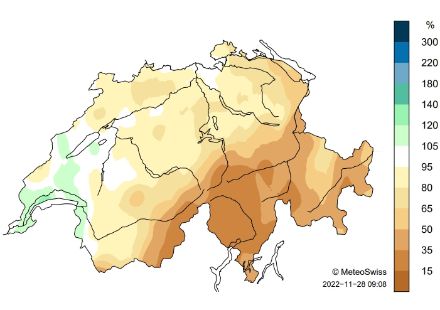 Mappa con la distribuzione spaziale della somma delle precipitazioni del mese di novembre (stato al 27.11), rappresentata come percentuale della norma 1991-2020.