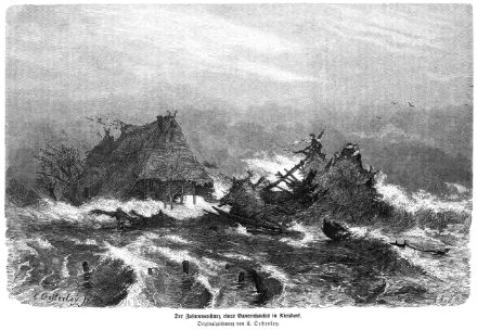 Fig. 1: una fattoria spazzata via dalle mareggiate nei pressi di Travemünde, nel nord della Germania (fonte: Die Gartenlaube, 1872).