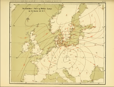Fig. 2: mappa meteorologica del 13 novembre 1872 alle ore 06:00. Le linee nere indicano le isobare (in mm di mercurio), le frecce rosse indicano la direzione del vento.