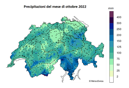 Fig. 3: Totale delle precipitazioni del mese di ottobre 2022 in Svizzera. Fonte: MeteoSvizzera.