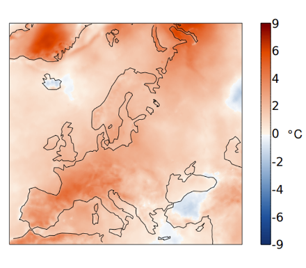 Fig. 2: Distribuzione spaziale della temperatura media del mese di ottobre 2022 in Europa, rappresentata come anomalia rispetto alla norma 1991-2020 in °C.
