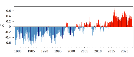 Fig. 3: Temperatura media mensile globale da gennaio 1979 a ottobre 2022, rappresentata come anomalia rispetto alla media 1991-2020. Le linee nere mostrano i mesi di ottobre. Fonte: Copernicus.