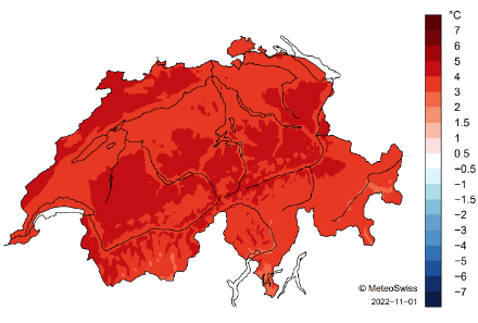 Fig. 4: Distribuzione spaziale della temperatura (in °C) del mese di ottobre 2022, rappresentata come anomalia rispetto alla norma 1991-2020. Fonte: MeteoSvizzera.