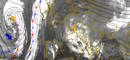 Fig. 1: Immagine satellitare del 12.11.2022 con sovrapposti i campi di pressione e i fronti.