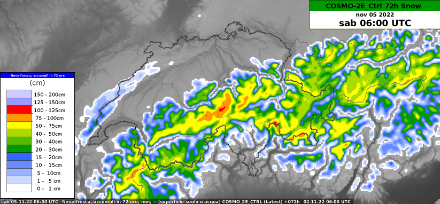 Fig. 1: Accumuli di neve previsti dal modello Cosmo-2E, entro sabato mattina.