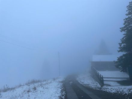 Fig.1. Nebbia densa a Carì in Leventina il 14 novembre 2022: la fusione della neve richiede energia dall’atmosfera, il che fa sì che si verifichi un raffreddamento degli strati in prossimità del terreno e di conseguenza la condensazione dell’umidità presente nell’aria. 14.11.2022. Foto. L. Nisi.